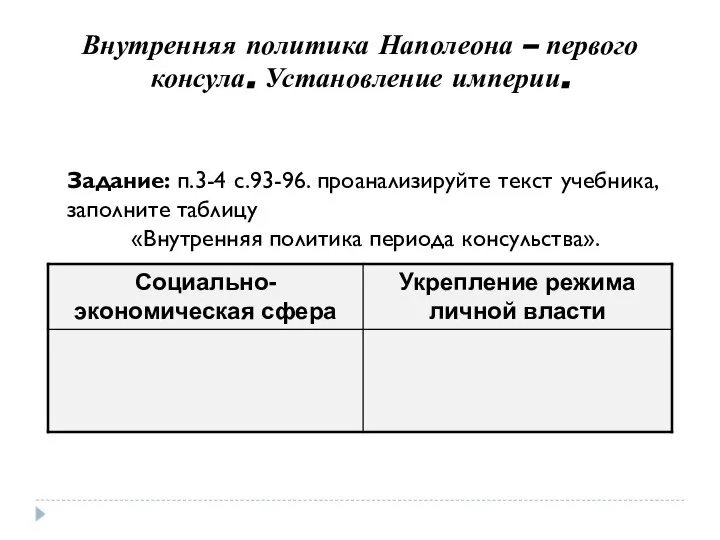 Внутренняя политика Наполеона – первого консула. Установление империи. Задание: п.3-4 с.93-96.