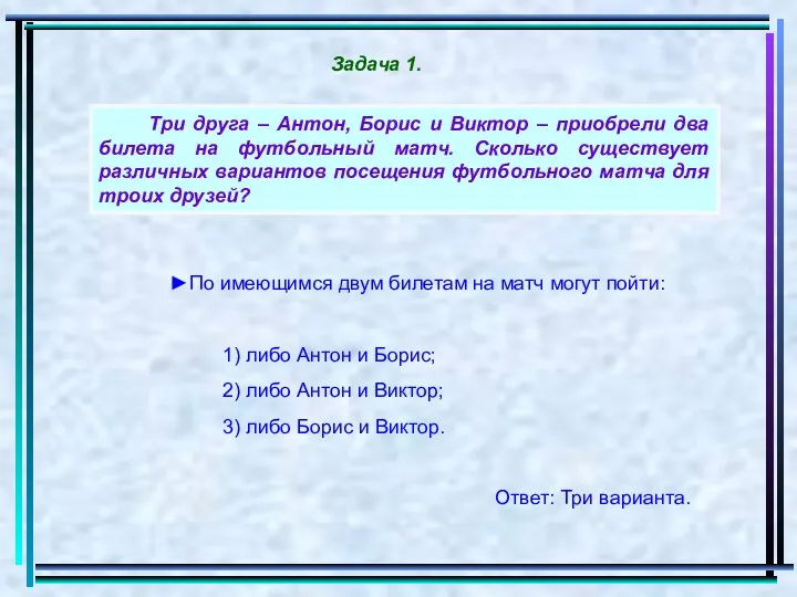 Три друга – Антон, Борис и Виктор – приобрели два билета