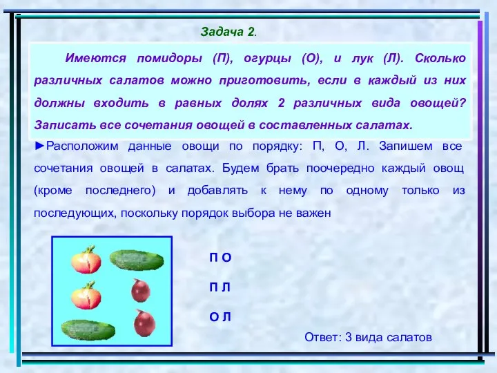 Имеются помидоры (П), огурцы (О), и лук (Л). Сколько различных салатов