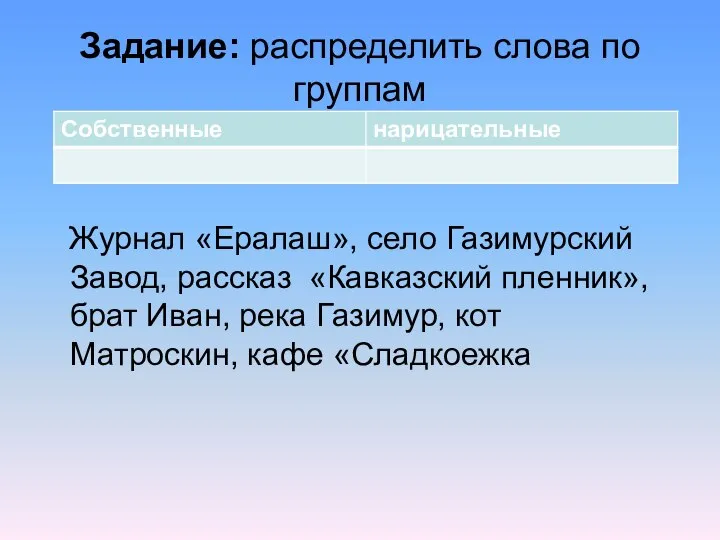 Задание: распределить слова по группам Журнал «Ералаш», село Газимурский Завод, рассказ