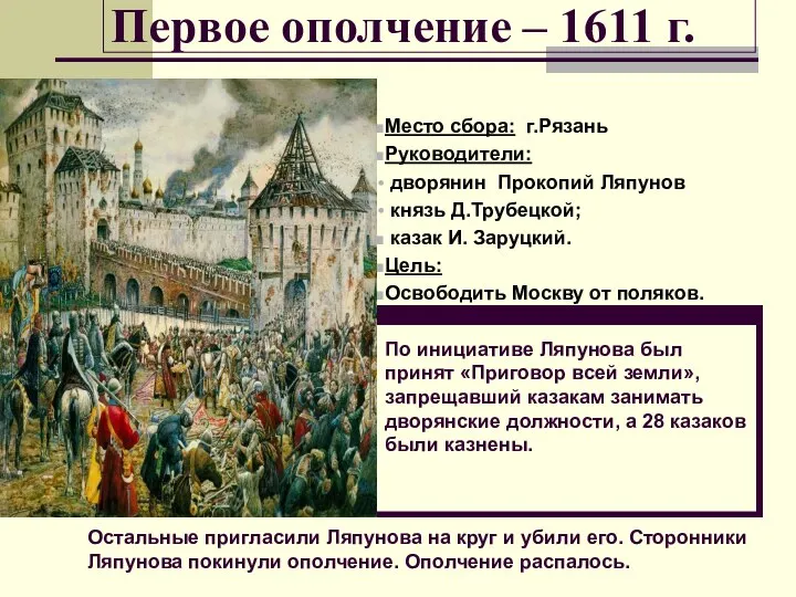 Первое ополчение – 1611 г. Место сбора: г.Рязань Руководители: дворянин Прокопий