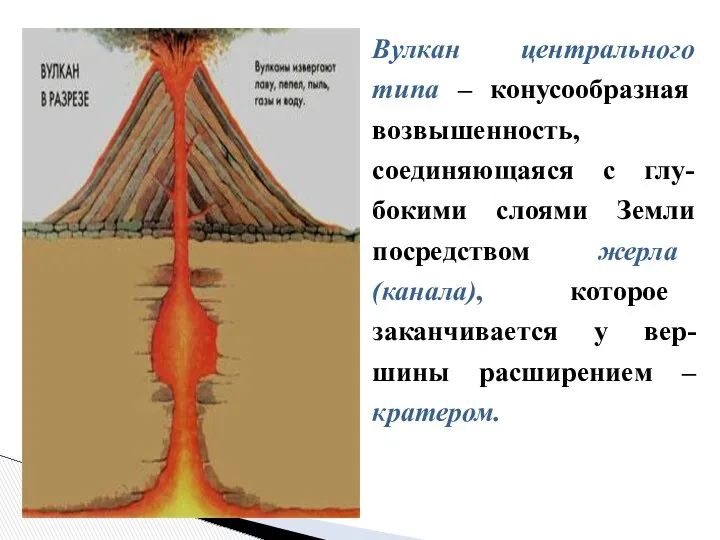 Вулкан центрального типа – конусообразная возвышенность, соединяющаяся с глу- бокими слоями