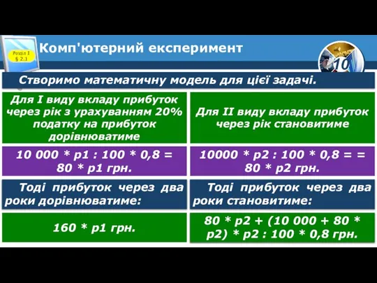 Комп'ютерний експеримент Розділ 1 § 2.1 Для І виду вкладу прибуток