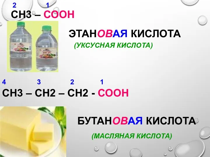 СН3 – СООН 1 2 ЭТАНОВАЯ КИСЛОТА (УКСУСНАЯ КИСЛОТА) СН3 –