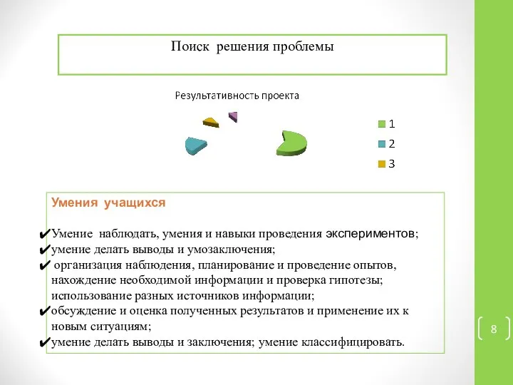 Поиск решения проблемы Умения учащихся Умение наблюдать, умения и навыки проведения