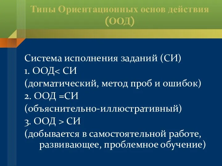 Типы Ориентационных основ действия (ООД) Система исполнения заданий (СИ) 1. ООД