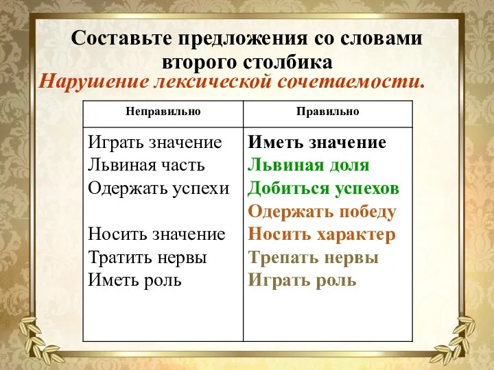 Составьте предложения со словами второго столбика Нарушение лексической сочетаемости.