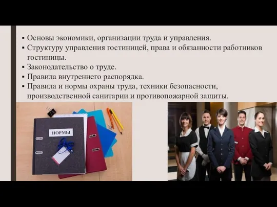 Основы экономики, организации труда и управления. Структуру управления гостиницей, права и