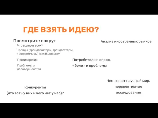 ГДЕ ВЗЯТЬ ИДЕЮ? Посмотрите вокруг Что волнует всех? Тренды (трендспоттеры, трендсеттеры,