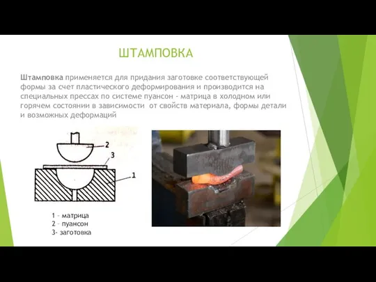 ШТАМПОВКА Штамповка применяется для придания заготовке соответствующей формы за счет пластического