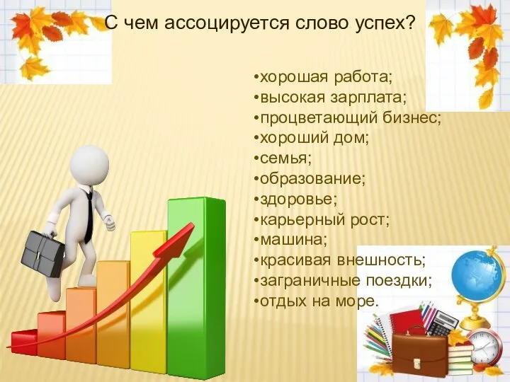 С чем ассоцируется слово успех? хорошая работа; высокая зарплата; процветающий бизнес;