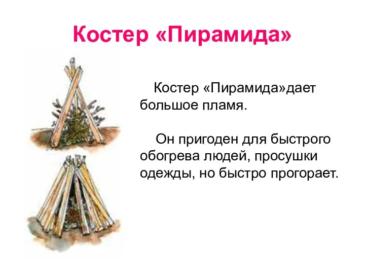 Костер «Пирамида» Костер «Пирамида»дает большое пламя. Он пригоден для быстрого обогрева