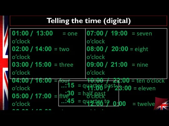 Telling the time (digital) 01:00 / 13:00 = one o’clock 02:00