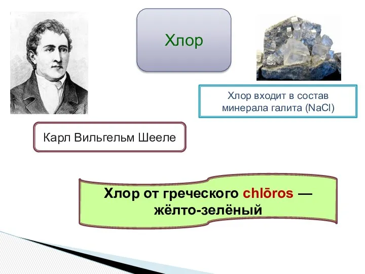 Хлор от греческого chlōros — жёлто-зелёный Хлор входит в состав минерала