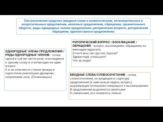 Синтаксические средства (вводные слова и словосочетания, восклицательные и вопросительные предложения, неполные