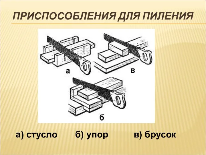 ПРИСПОСОБЛЕНИЯ ДЛЯ ПИЛЕНИЯ а) стусло б) упор в) брусок