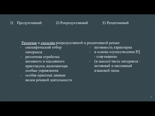 Продуктивный 2) Репродуктивный 3) Рецептивный Различия и сходства репродуктивной и рецептивной