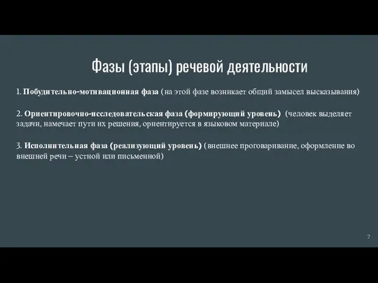 Фазы (этапы) речевой деятельности 1. Побудительно-мотивационная фаза (на этой фазе возникает