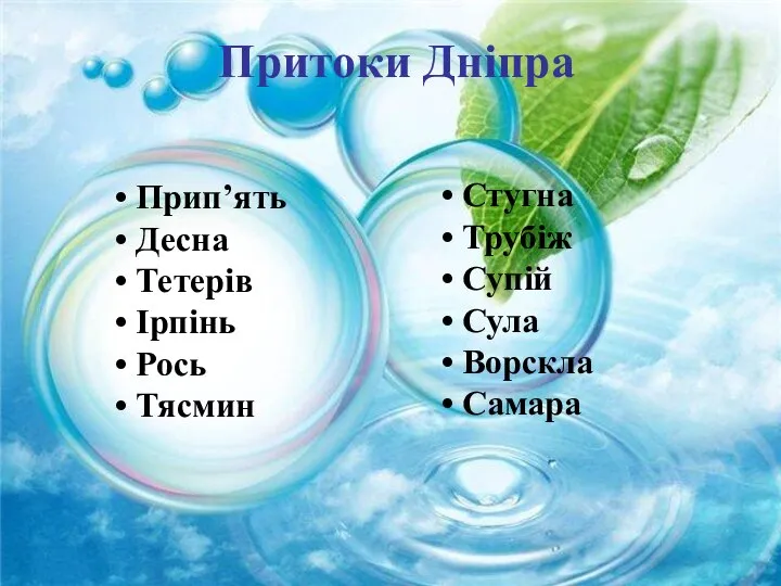 Притоки Дніпра Прип’ять Десна Тетерів Ірпінь Рось Тясмин Стугна Трубіж Супій Сула Ворскла Самара