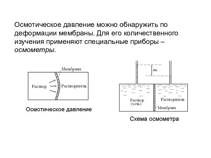 Осмотическое давление можно обнаружить по деформации мембраны. Для его количественного изучения применяют специальные приборы – осмометры.