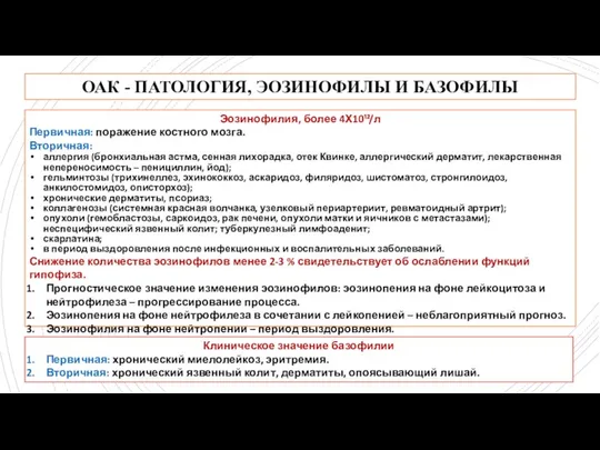 ОАК - ПАТОЛОГИЯ, ЭОЗИНОФИЛЫ И БАЗОФИЛЫ Клиническое значение базофилии Первичная: хронический