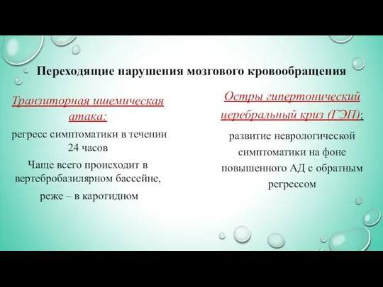 Переходящие нарушения мозгового кровообращения Транзиторная ишемическая атака: регресс симптоматики в течении