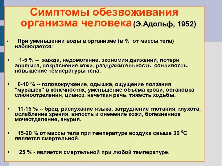 Симптомы обезвоживания организма человека (Э.Адольф, 1952) При уменьшении воды в организме