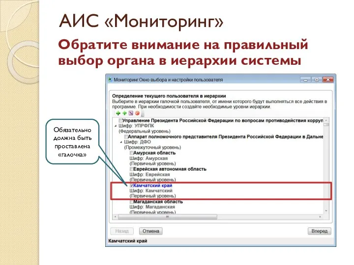 АИС «Мониторинг» Обратите внимание на правильный выбор органа в иерархии системы Обязательно должна быть проставлена «галочка»