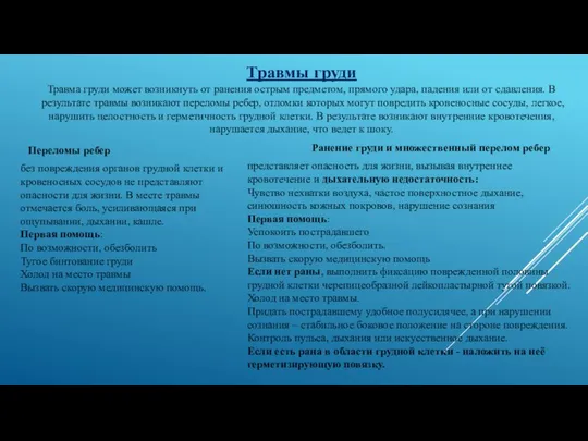 Травмы груди Травма груди может возникнуть от ранения острым предметом, прямого