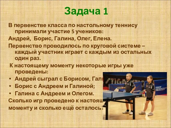 Задача 1 В первенстве класса по настольному теннису принимали участие 5