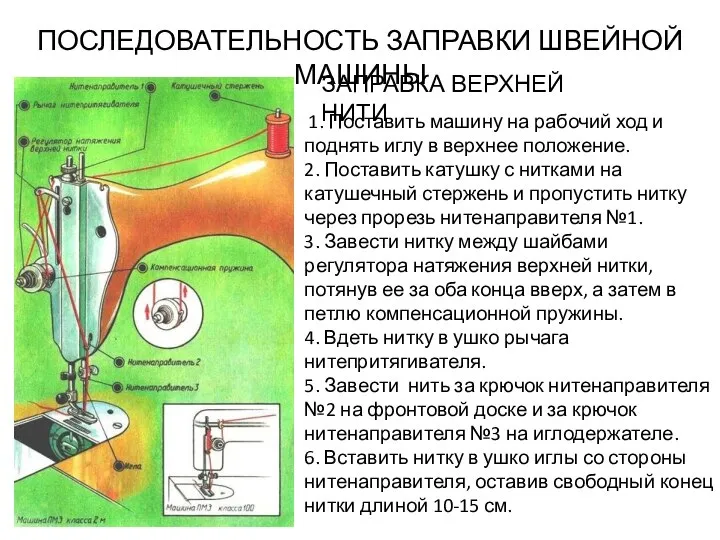 ПОСЛЕДОВАТЕЛЬНОСТЬ ЗАПРАВКИ ШВЕЙНОЙ МАШИНЫ 1. Поставить машину на рабочий ход и