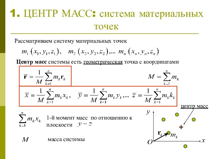 1. ЦЕНТР МАСС: система материальных точек Рассматриваем систему материальных точек Центр