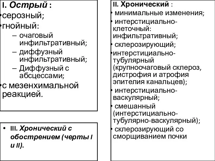 I. Острый : серозный; гнойный: очаговый инфильтративный; диффузный инфильтративный; Диффузный с