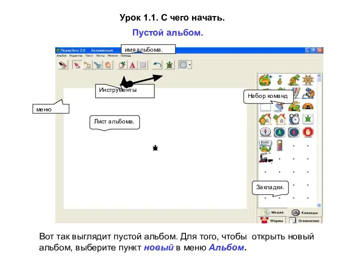имя альбома. меню Инструменты Лист альбома. Набор команд Закладки. Урок 1.1.