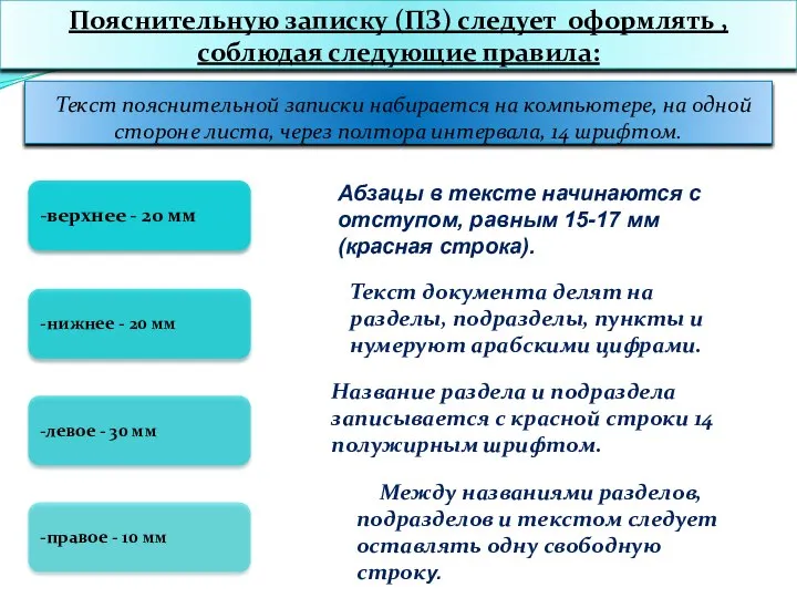 Текст пояснительной записки набирается на компьютере, на одной стороне листа, через