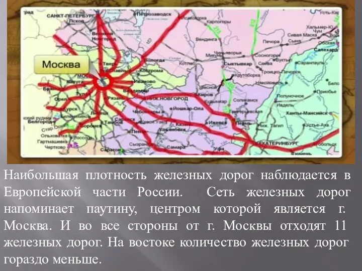 Наибольшая плотность железных дорог наблюдается в Европейской части России. Сеть железных