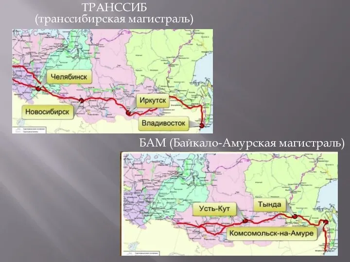 ТРАНССИБ (транссибирская магистраль) БАМ (Байкало-Амурская магистраль)