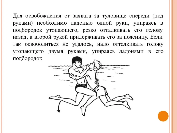 Для освобождения от захвата за туловище спереди (под руками) необходимо ладонью