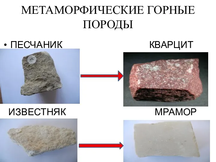 МЕТАМОРФИЧЕСКИЕ ГОРНЫЕ ПОРОДЫ ПЕСЧАНИК КВАРЦИТ ИЗВЕСТНЯК МРАМОР