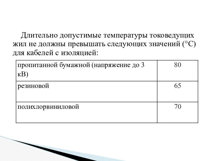 Длительно допустимые температуры токоведущих жил не должны превышать следующих значений (°С) для кабелей с изоляцией: