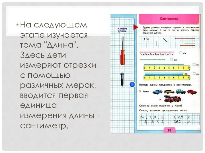 На следующем этапе изучается тема "Длина". Здесь дети измеряют отрезки с