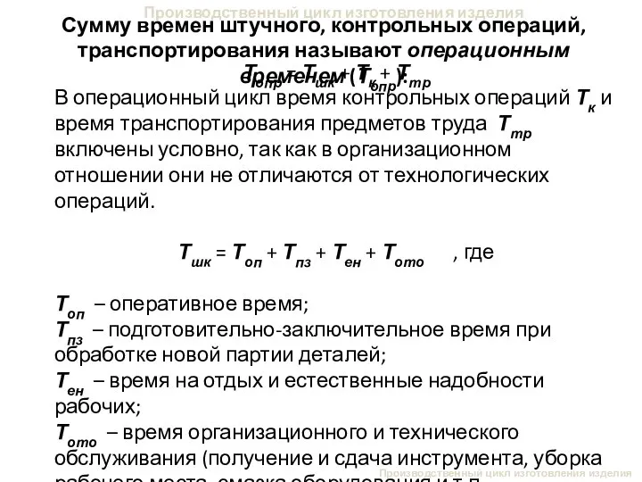 Производственный цикл изготовления изделия Сумму времен штучного, контрольных операций, транспортирования называют