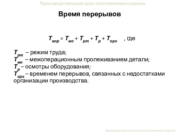 Производственный цикл изготовления изделия Время перерывов Производственный цикл изготовления изделия Твпр