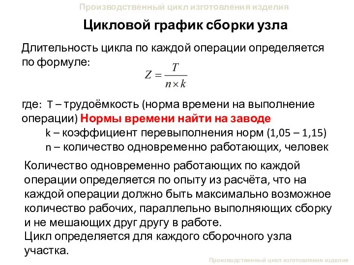 Производственный цикл изготовления изделия Цикловой график сборки узла Производственный цикл изготовления