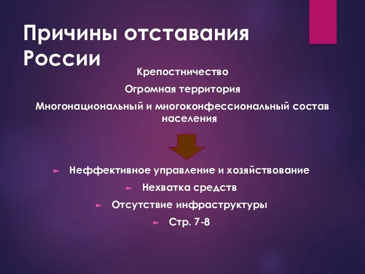 Причины отставания России Крепостничество Огромная территория Многонациональный и многоконфессиональный состав населения