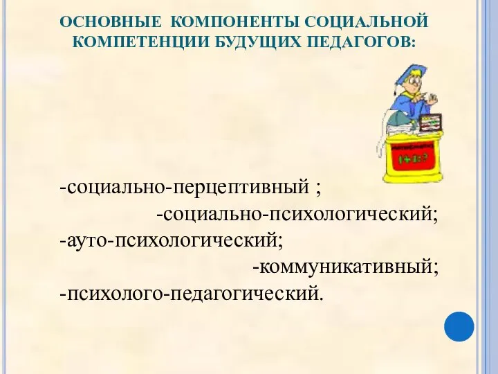 ОСНОВНЫЕ КОМПОНЕНТЫ СОЦИАЛЬНОЙ КОМПЕТЕНЦИИ БУДУЩИХ ПЕДАГОГОВ: социально-перцептивный ; социально-психологический; ауто-психологический; коммуникативный; психолого-педагогический.