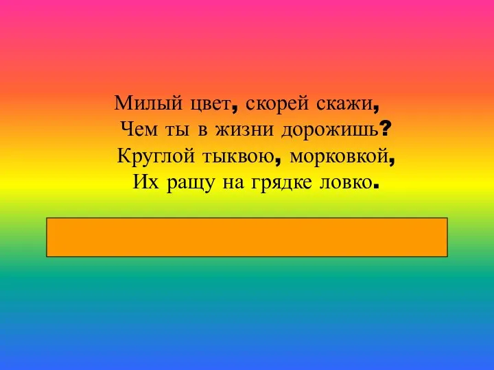 Милый цвет, скорей скажи, Чем ты в жизни дорожишь? Круглой тыквою,