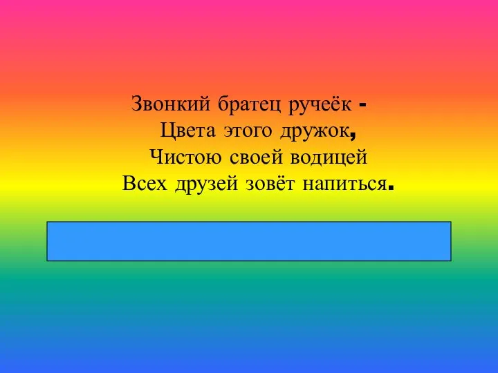 Звонкий братец ручеёк - Цвета этого дружок, Чистою своей водицей Всех друзей зовёт напиться.