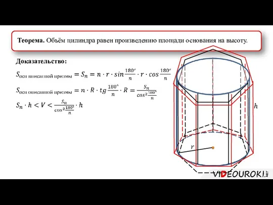 Теорема. Объём цилиндра равен произведению площади основания на высоту. Доказательство: