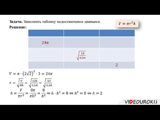 Задача. Заполнить таблицу недостающими данными. Решение: